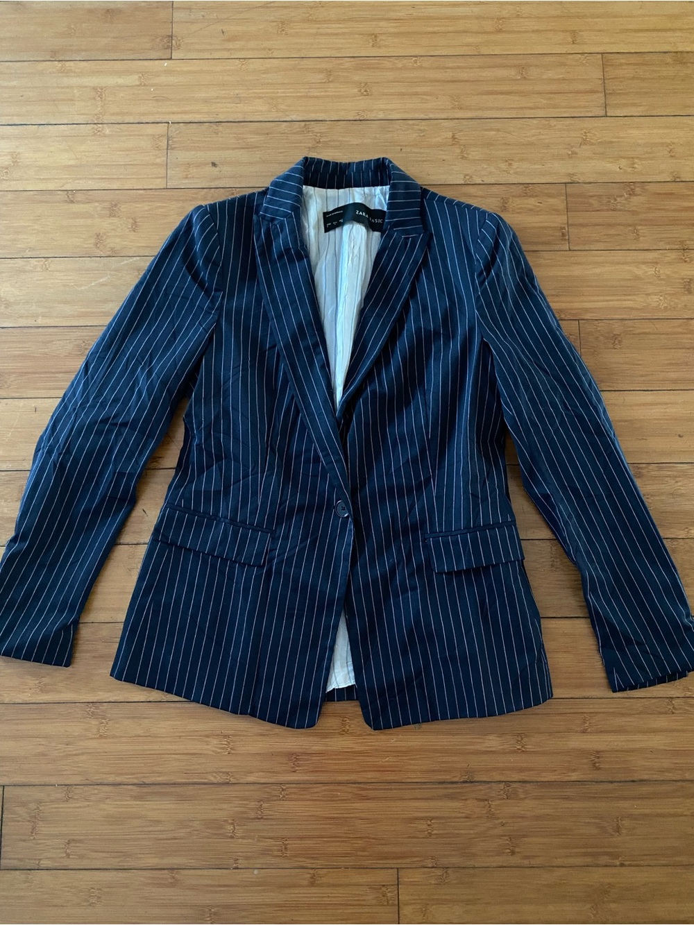 Pre-owned Zara Basic Navy Pinstripe Single-Button Blazer/Jacket Women’s Sz L